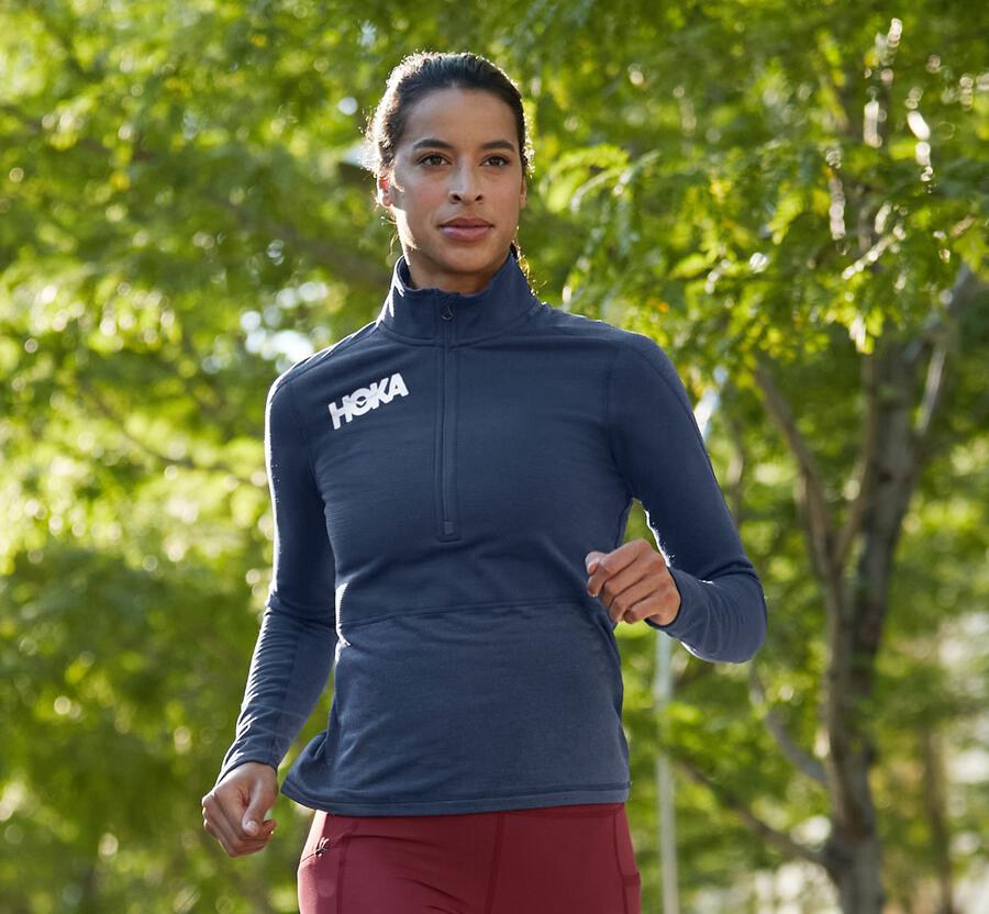 Hoka One One Tops Womens Navy - 1/2 Zip Midlayer - 79605XVOB